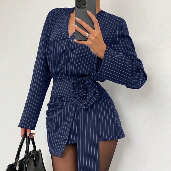 Navy Blue Casual Women's 3d Rose Design striped Skirt Suit Set - Picture 1 of 5